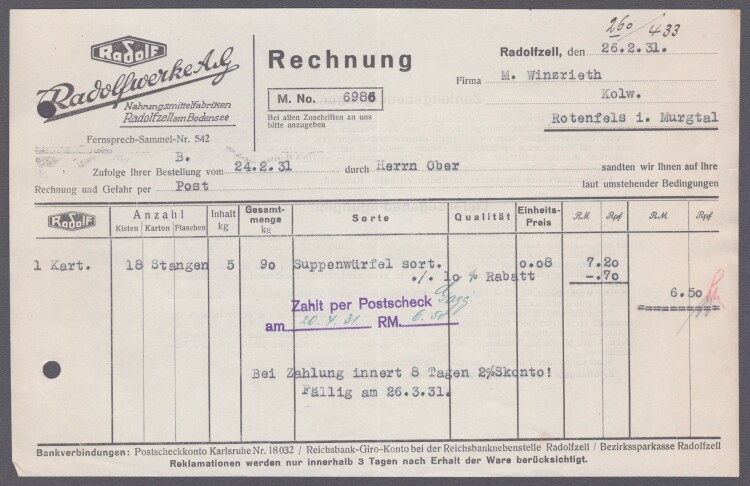 Radolfwerke AG - Rechnung - 26.02.1931