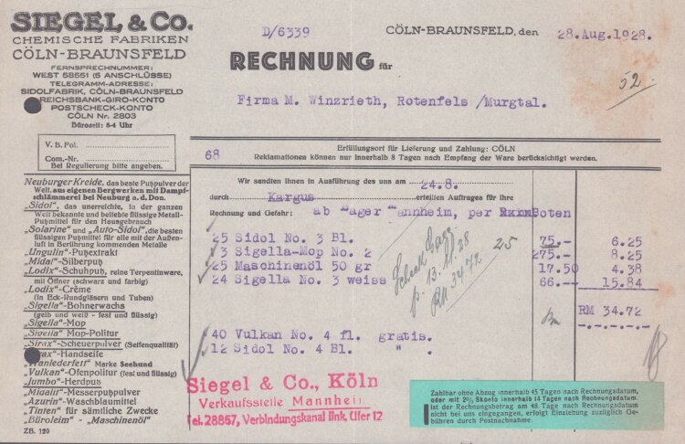 Siegel & Co - Rechnung - 28.08.1928