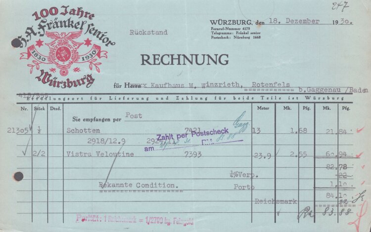H. A. Fränkel senior - Rechnung - 27.03.1928