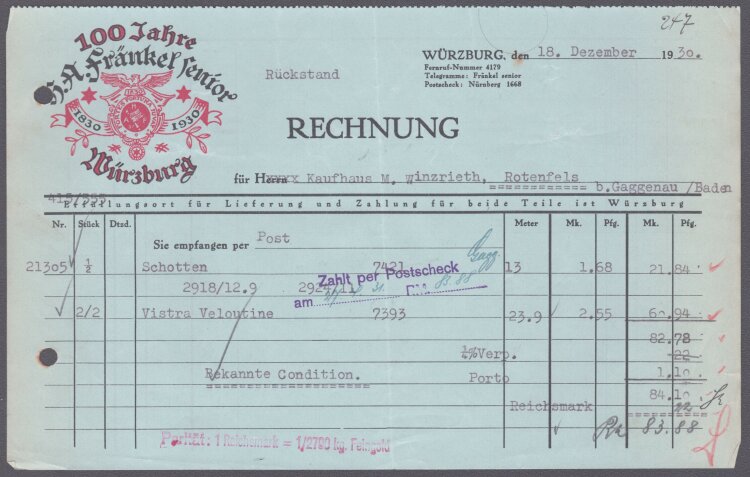 H. A. Fränkel senior - Rechnung - 27.03.1928