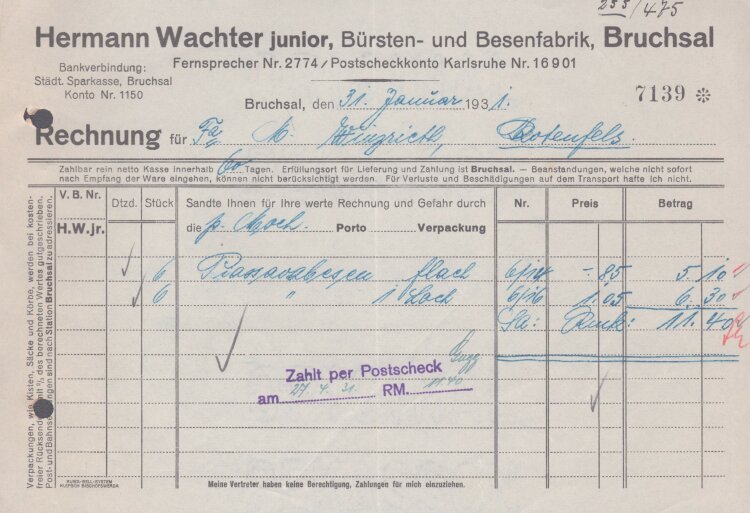 Hermann Wachter junior - Rechnung - 31.01.1931