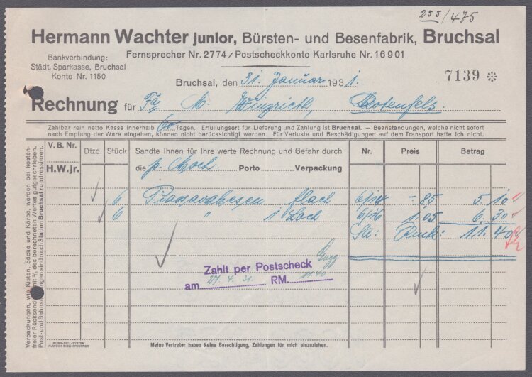 Hermann Wachter junior - Rechnung - 31.01.1931