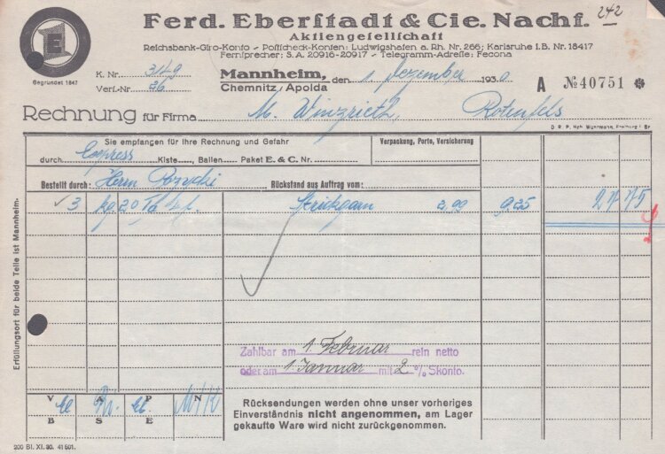 Ferdinand Eberstadt & Cie - Rechnung - 01.12.1930