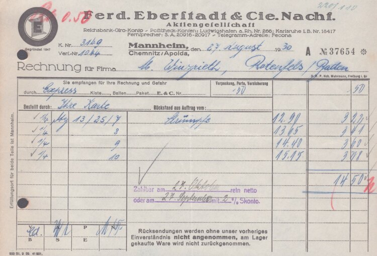 Ferdinand Eberstadt & Cie - Rechnung - 27.08.1930