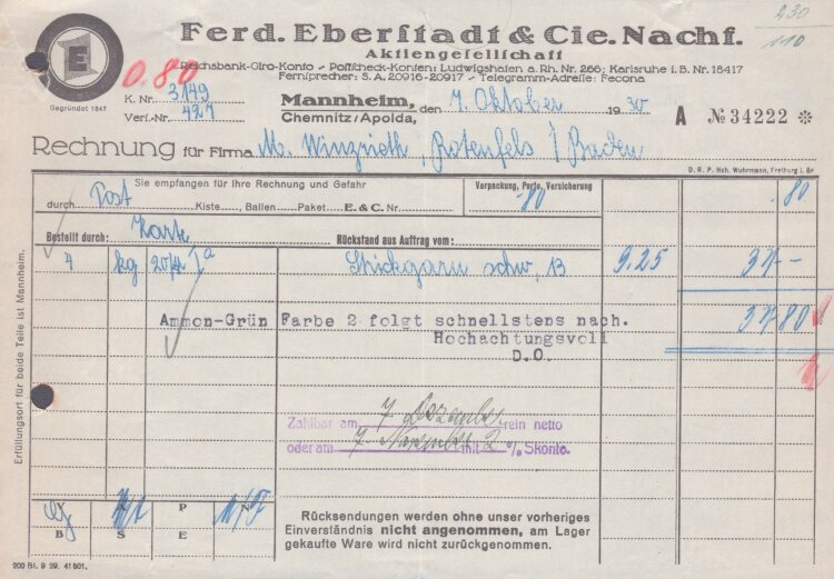 Ferdinand Eberstadt & Cie - Rechnung - 07.10.1930
