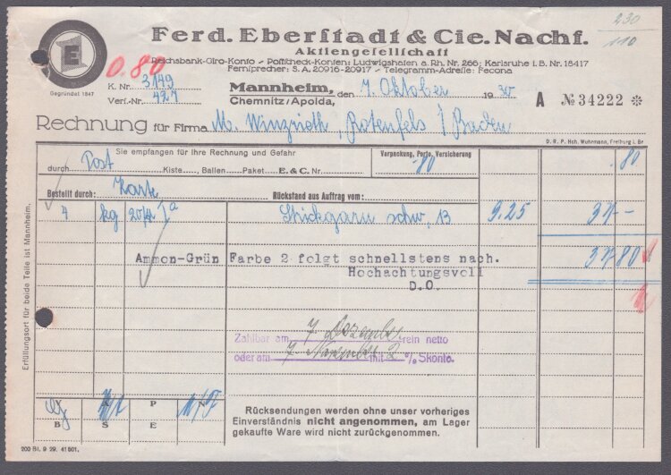 Ferdinand Eberstadt & Cie - Rechnung - 07.10.1930