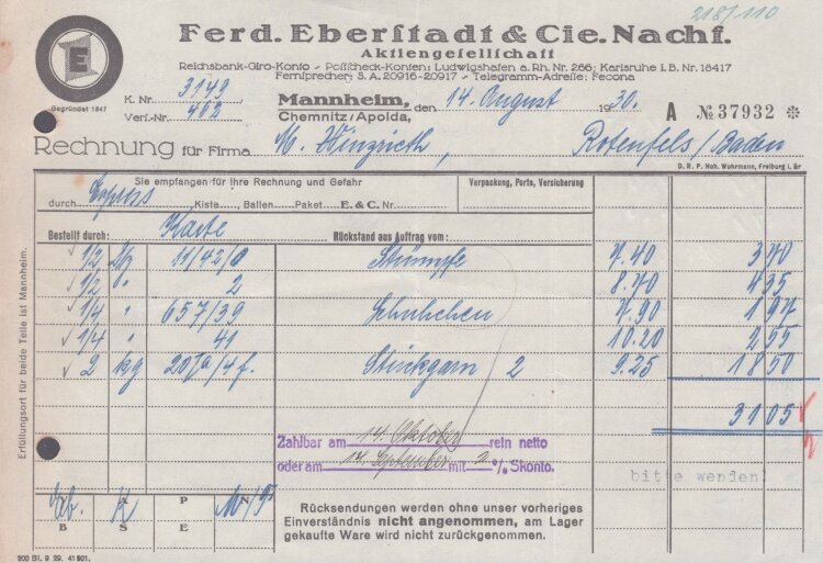 Ferdinand Eberstadt & Cie - Rechnung - 14.08.1930