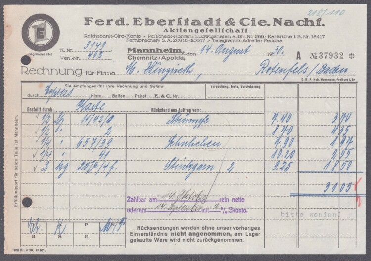 Ferdinand Eberstadt & Cie - Rechnung - 14.08.1930