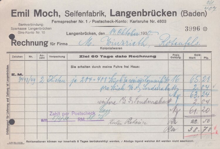 Ferdinand Eberstadt & Cie - Rechnung - 14.11.1930