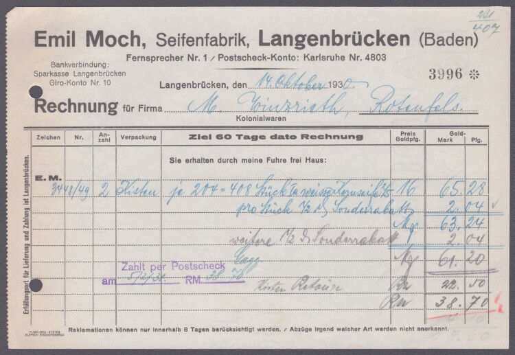 Ferdinand Eberstadt & Cie - Rechnung - 14.11.1930
