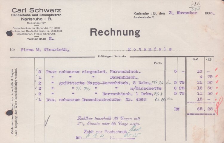 Carl Schwarz Handschuhe und Strumpfwaren - Rechnung - 03.11.1930