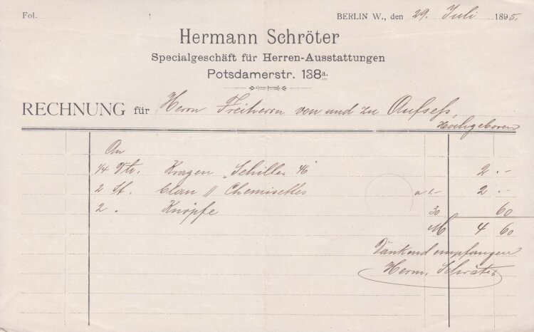 Hermann Schröter Specialgeschäft für Herren-Asstattungen - Rechnung - 29.07.1895