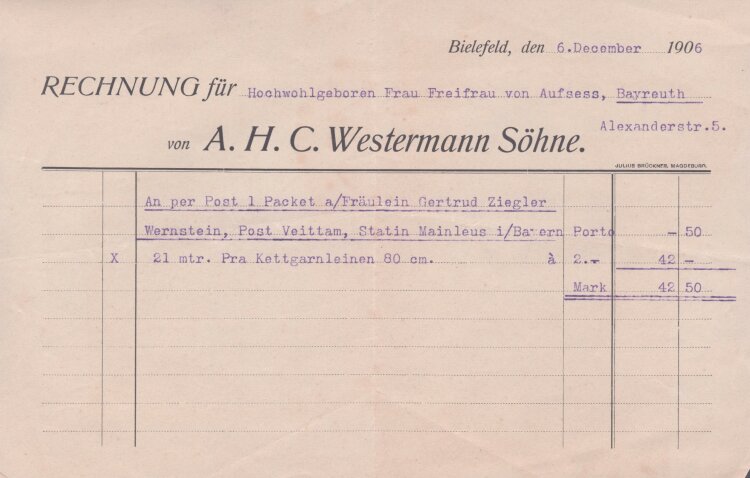 A.H.C. Westermann Söhne - Rechnung - 06.12.1906
