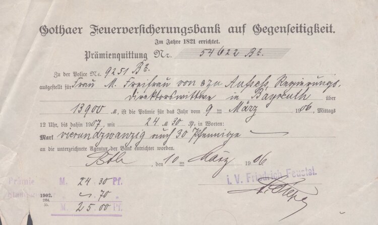 Gothaer Feuerversicherungsbank auf Gegenseitigkeit - Quittung - 10.03.1906