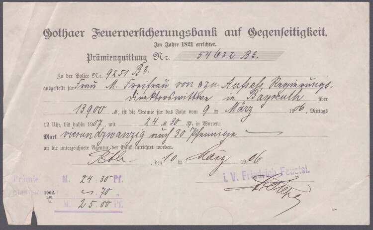 Gothaer Feuerversicherungsbank auf Gegenseitigkeit - Quittung - 10.03.1906