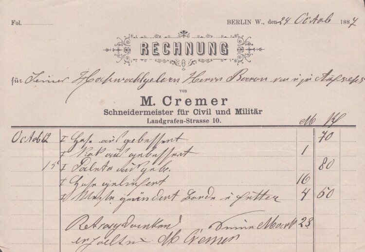 M. Cremer Schneidermeister für Civil und Militär - Rechnung - 24.10.1887