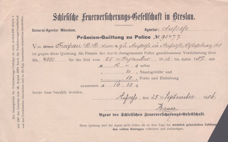 Schlesische Feuerversicherungs-Gesellschaft - Rechnung - 25.09.1906