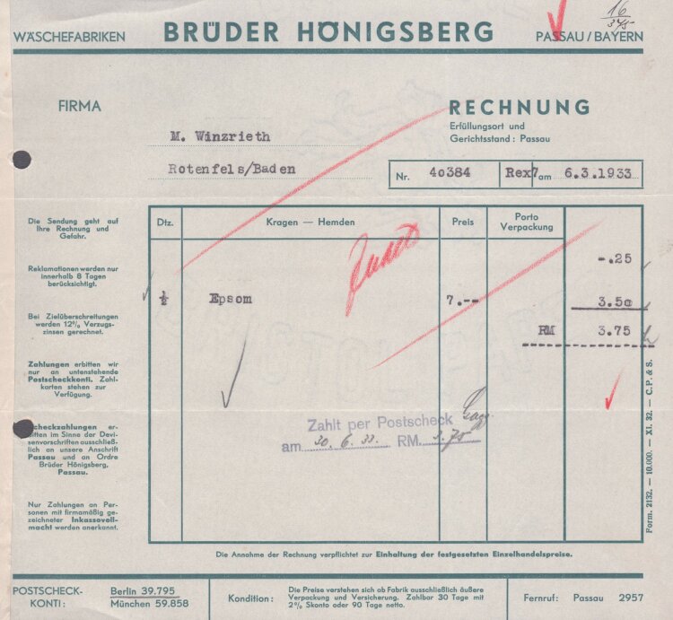 Wäschefabriken Brüder Hönigsberg - Rechnung - 06.03.1933