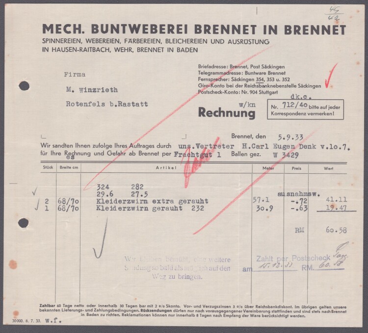 Mechanische Buntweberei Brennet in Brennet - Rechnung - 05.09.1933