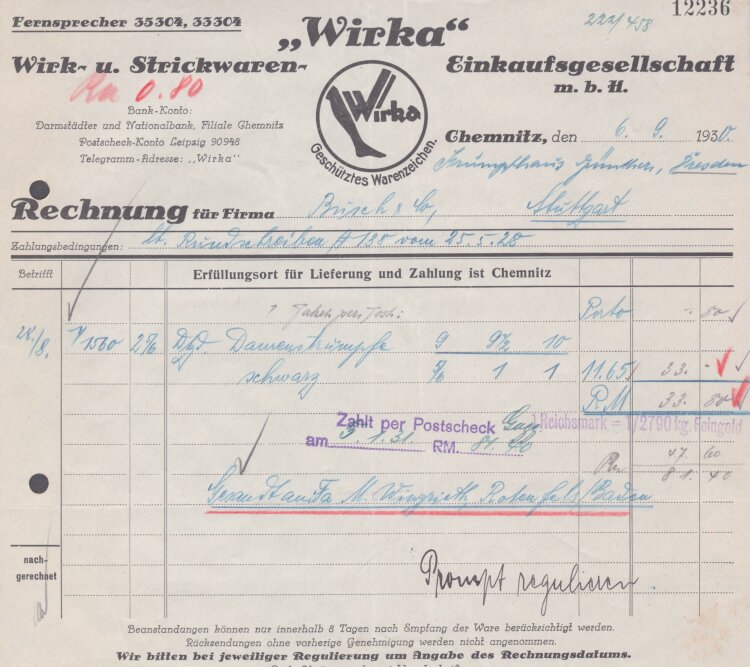 Wirk- und Strickwaren Einkaufsgesellschaft mbH - Rechnung - 06.09.1930