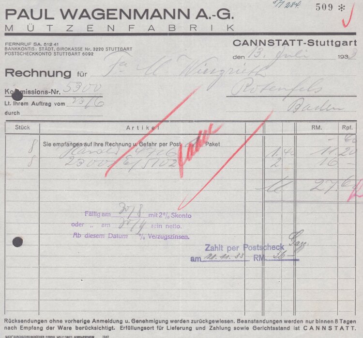 Paul Wagenmann AG Mützenfabrik - Rechnung - 13.07.1933