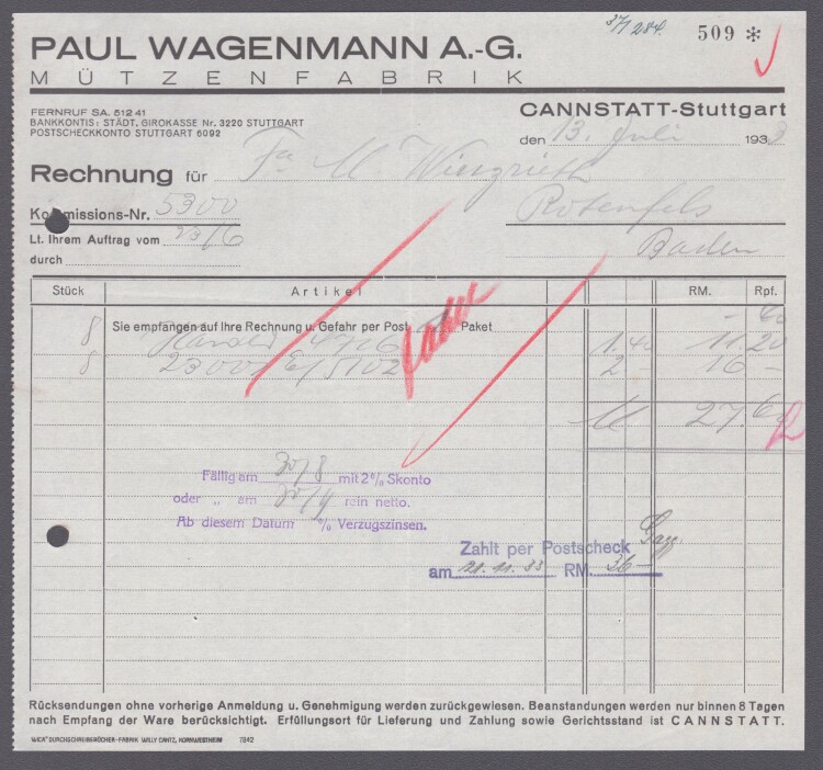 Paul Wagenmann AG Mützenfabrik - Rechnung - 13.07.1933