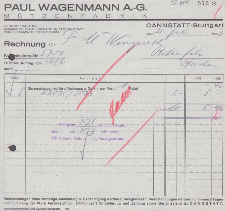 Paul Wagenmann AG Mützenfabrik - Rechnung - 21.07.1933