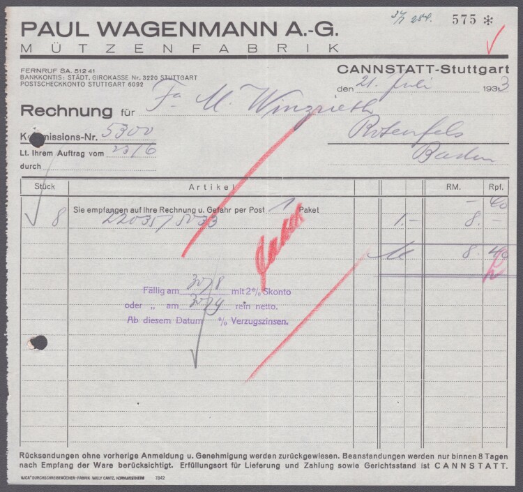 Paul Wagenmann AG Mützenfabrik - Rechnung - 21.07.1933