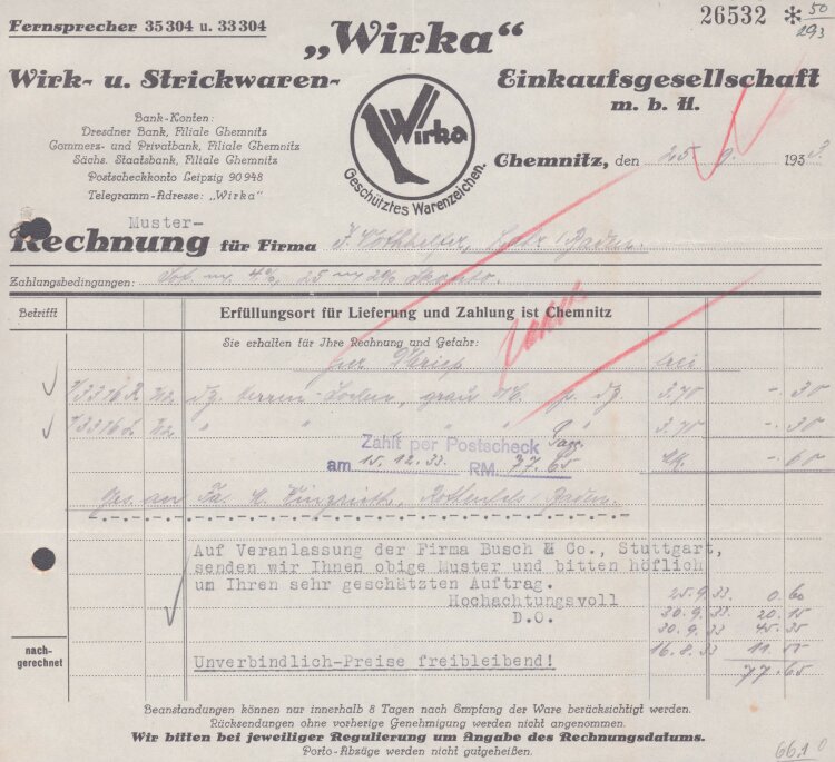 Wirk- und Strickwaren Einkaufsgesellschaft mbH - Rechnung - 25.09.1933