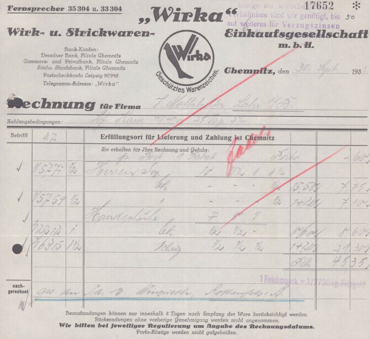 Wirk- und Strickwaren Einkaufsgesellschaft mbH - Rechnung - 30.09.1933