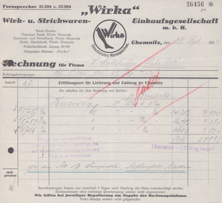 Wirk- und Strickwaren Einkaufsgesellschaft mbH - Rechnung - 30.09.1933