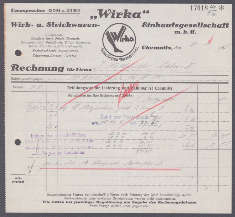 Wirk- und Strickwaren Einkaufsgesellschaft mbH - Rechnung - 16.08.1933