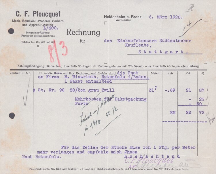 C. F. Ploucquet Mechanische Baumwollweberei - Rechnung -...