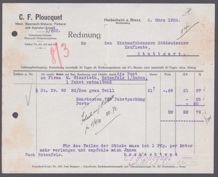 C. F. Ploucquet Mechanische Baumwollweberei - Rechnung -...