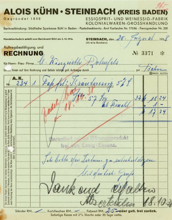 Alois Kühn. Steinbach (Kreis Baden) Essigspirit- und Weinessig-Fabrik Kolonialwaren-Großhandlung.  - Rechnung  - 20.08.1938