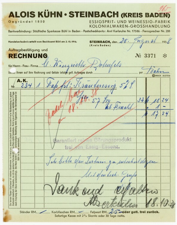 Alois Kühn. Steinbach (Kreis Baden) Essigspirit- und Weinessig-Fabrik Kolonialwaren-Großhandlung.  - Rechnung  - 20.08.1938