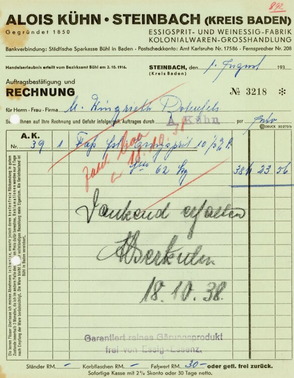 Alois Kühn. Steinbach (Kreis Baden) Essigspirit- und Weinessig-Fabrik Kolonialwaren-Großhandlung.  - Rechnung  - 01.08.1938