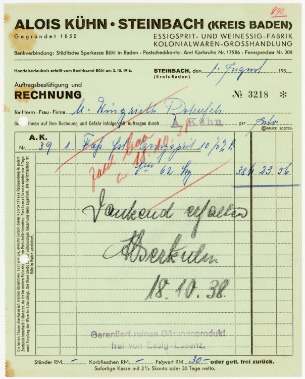 Alois Kühn. Steinbach (Kreis Baden) Essigspirit- und Weinessig-Fabrik Kolonialwaren-Großhandlung.  - Rechnung  - 01.08.1938
