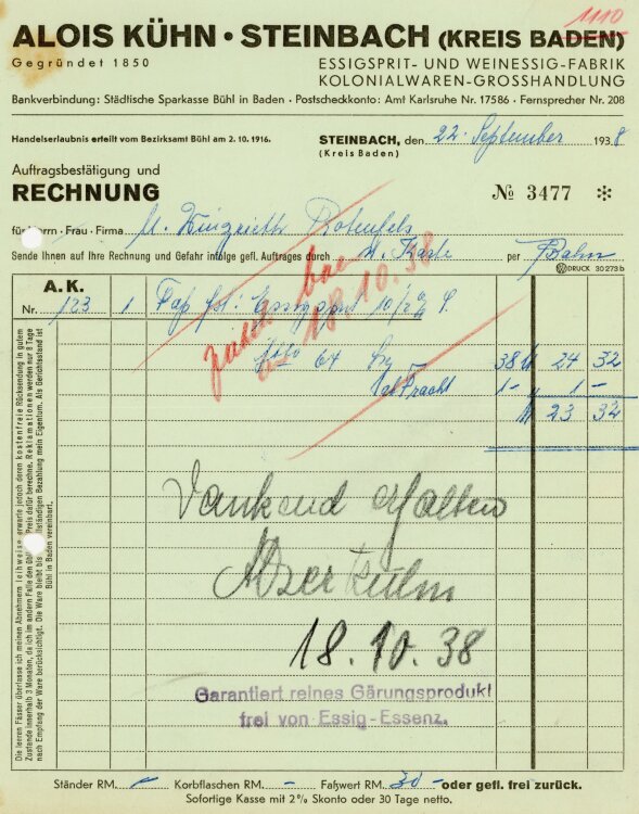 Alois Kühn. Steinbach (Kreis Baden) Essigspirit- und...