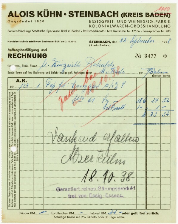 Alois Kühn. Steinbach (Kreis Baden) Essigspirit- und Weinessig-Fabrik Kolonialwaren-Großhandlung.  - Rechnung  - 22.09.1938