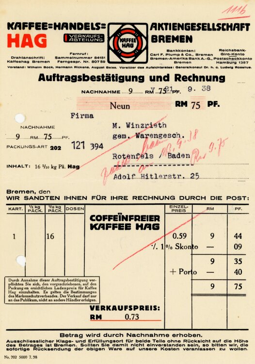 Hag Kaffee-Handels-Aktiengesellschaft Bremen - Rechnung - 21.09.1938