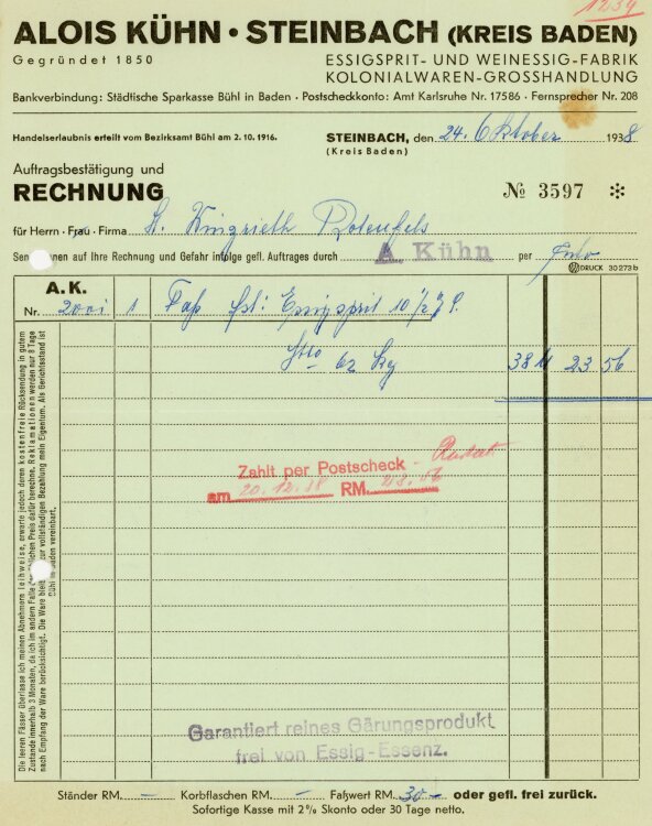 Alois Kühn. Steinbach (Kreis Baden) Essigspirit- und Weinessig-Fabrik Kolonialwaren-Großhandlung.  - Rechnung  - 24.10.1938