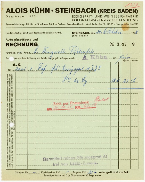 Alois Kühn. Steinbach (Kreis Baden) Essigspirit- und Weinessig-Fabrik Kolonialwaren-Großhandlung.  - Rechnung  - 24.10.1938