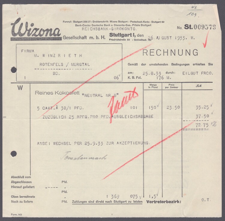 Wizona Gesellschaft mbH - Rechnung - 26.08.1933