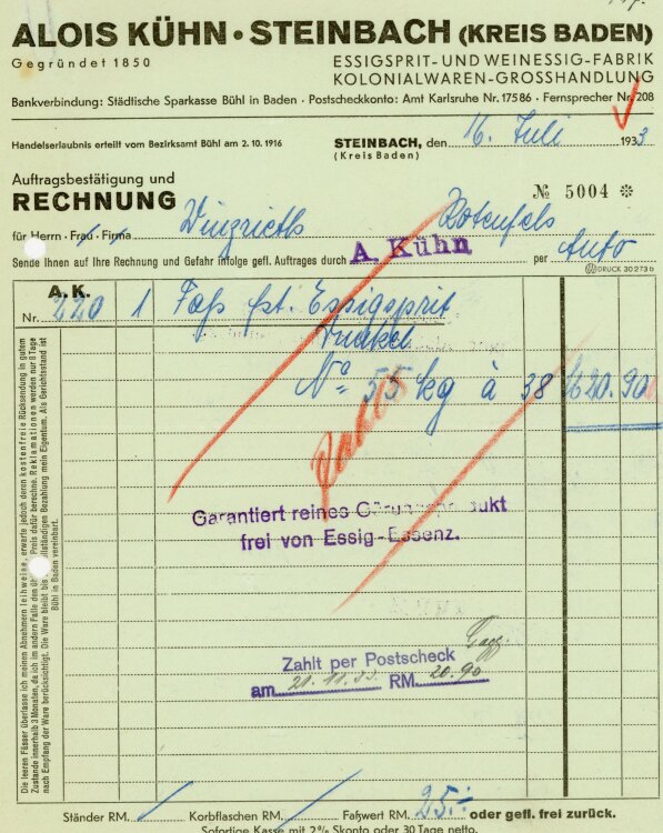Alois Kühn. Steinbach (Kreis Baden) Essigspirit- und Weinessig-Fabrik Kolonialwaren-Großhandlung.  - Rechnung  - 16.07.1933