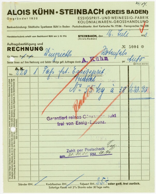 Alois Kühn. Steinbach (Kreis Baden) Essigspirit- und Weinessig-Fabrik Kolonialwaren-Großhandlung.  - Rechnung  - 16.07.1933