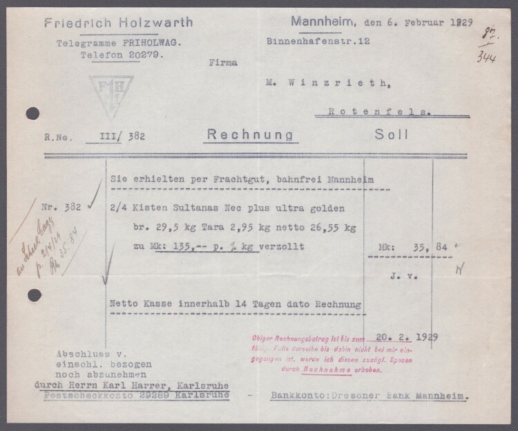 Friedrich Holzwarth - Rechnung - 06.02.1929
