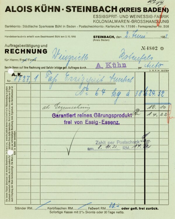 Alois Kühn. Steinbach (Kreis Baden) Essigspirit- und Weinessig-Fabrik Kolonialwaren-Großhandlung.  - Rechnung  - 02.06.1933