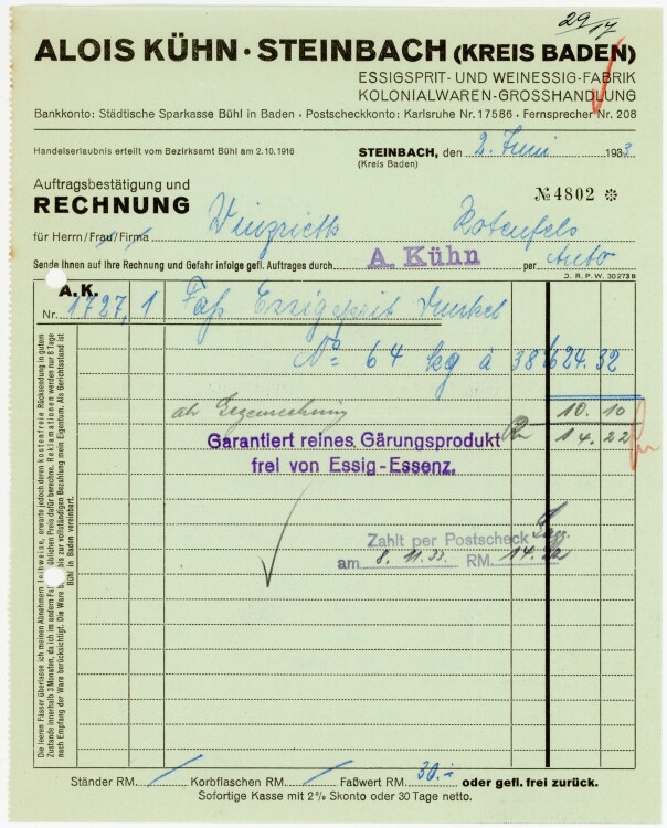 Alois Kühn. Steinbach (Kreis Baden) Essigspirit- und Weinessig-Fabrik Kolonialwaren-Großhandlung.  - Rechnung  - 02.06.1933