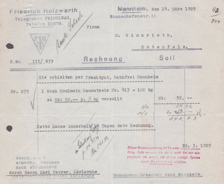 Friedrich Holzwarth - Rechnung - 14.03.1929